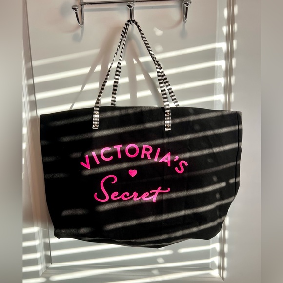 Victoria's Secret Handbags - VICTORIA’S SECRET Large Black/Hot Pink Letters Weekender Tote Bag 22”x14”x7”